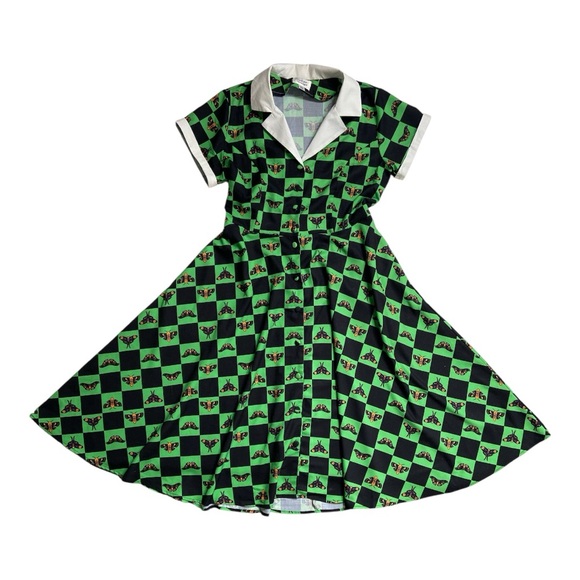 Unique Vintage Moth Green and Black Checkered Retro Midi Alexis Swing Dress - Picture 1 of 13
